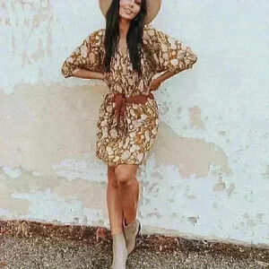 Universal Thread Mustard Floral White Puff Sleeve Babydoll Dress Autumn M